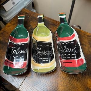 Clay Art Ceramic Set of Three Wine Bottle Shaped Olive Cheese Serving Dishes